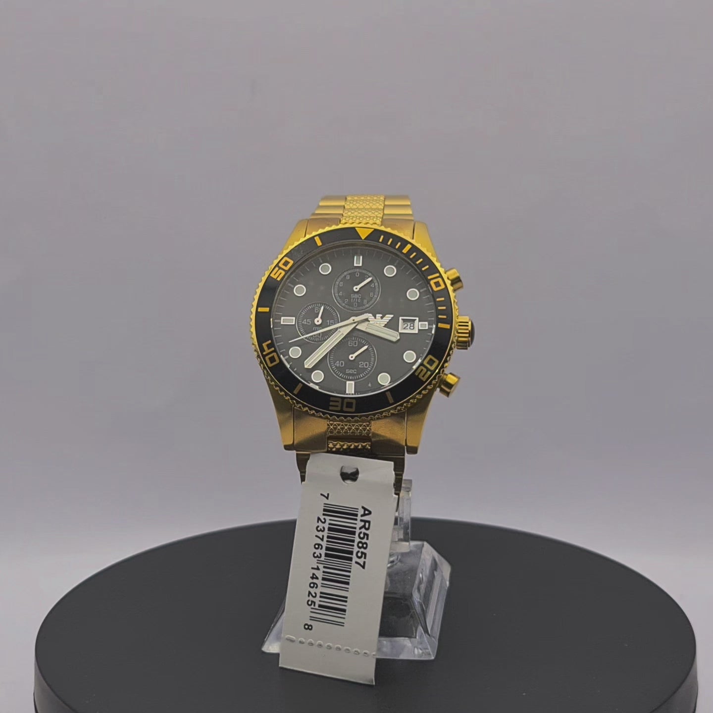 360-degree rotating view of Emporio Armani AR5857 men's yellow gold-tone stainless steel chronograph watch with black dial.