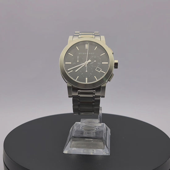 360-degree rotating view of Burberry BU9351 men's gunmetal grey stainless steel chronograph watch.