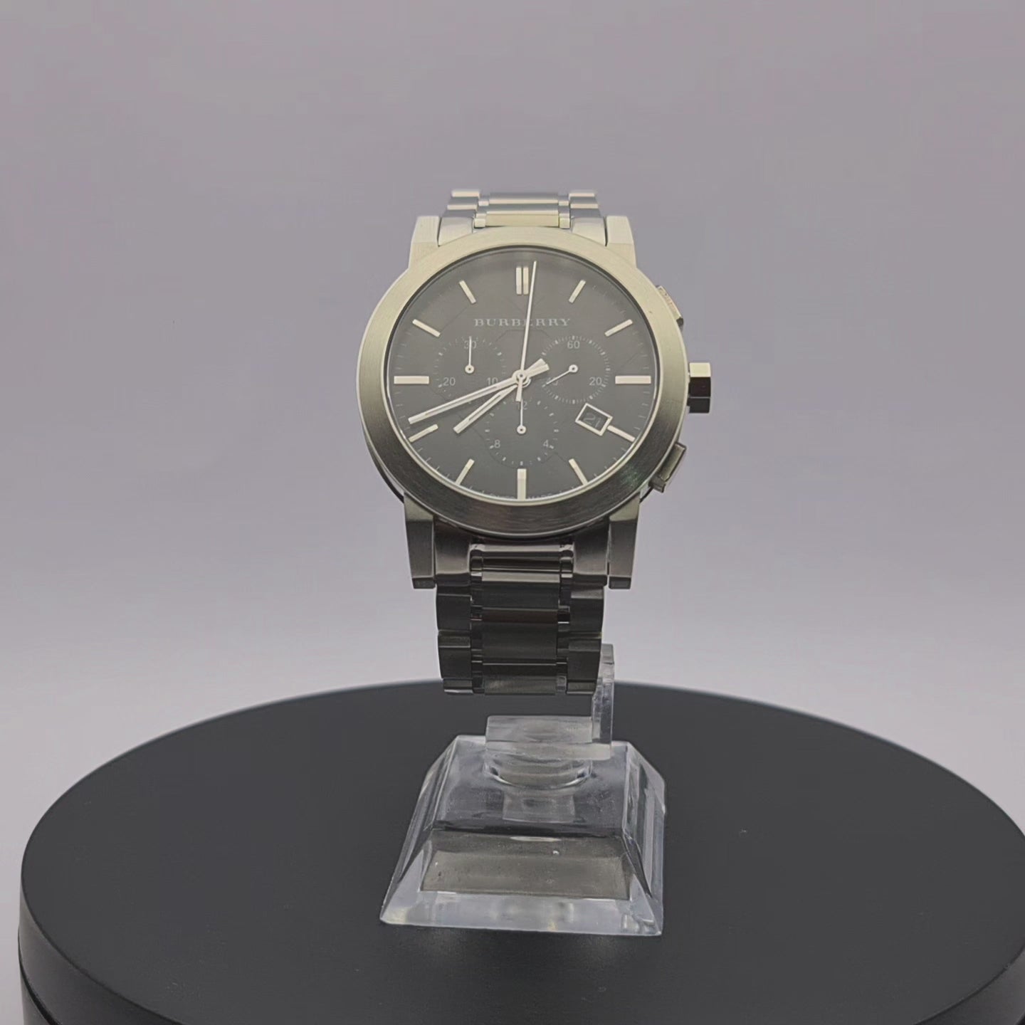 360-degree rotating view of Burberry BU9351 men's gunmetal grey stainless steel chronograph watch.