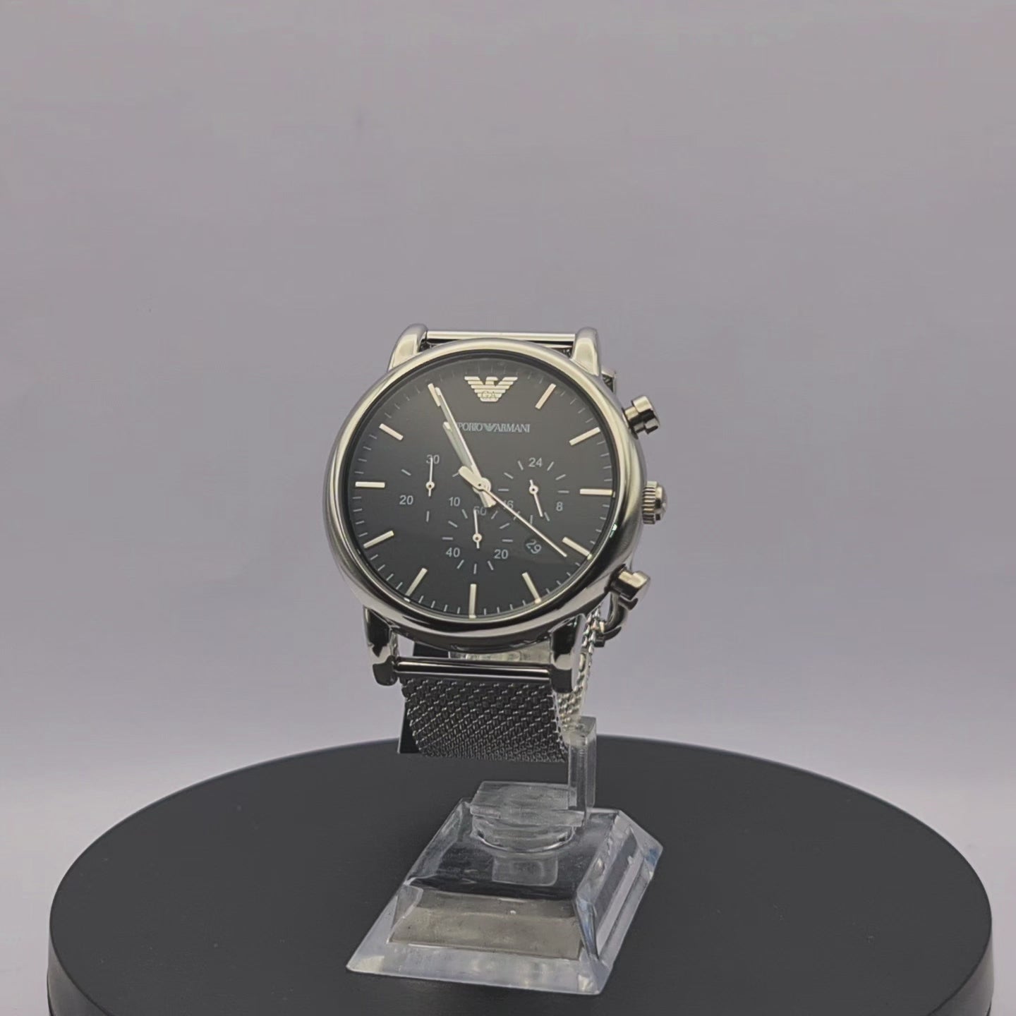 360-degree rotating view of Emporio Armani AR1808 men's silver stainless steel chronograph watch with black dial and mesh bracelet.