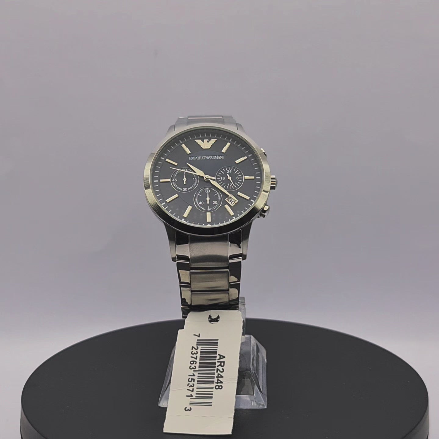 360-degree rotating view of Emporio Armani AR2448 men's silver stainless steel chronograph watch with blue dial.