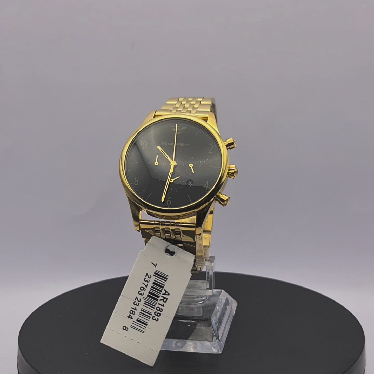 360-degree rotating view of Emporio Armani AR1893 men's gold-tone stainless steel chronograph watch with black dial.