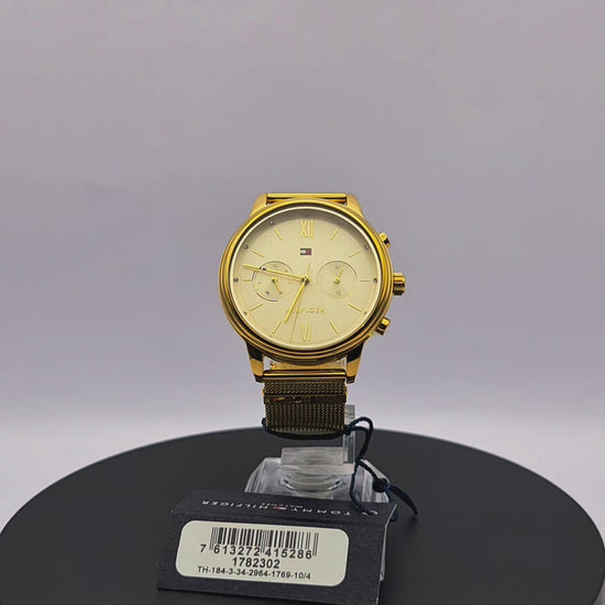 360-degree rotating view of Tommy Hilfiger 1782302 women's rose gold stainless steel watch with grey dial.