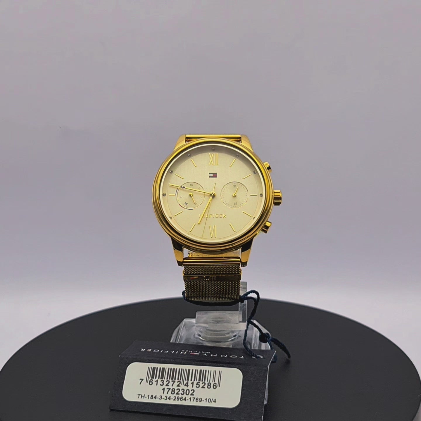 360-degree rotating view of Tommy Hilfiger 1782302 women's rose gold stainless steel watch with grey dial.