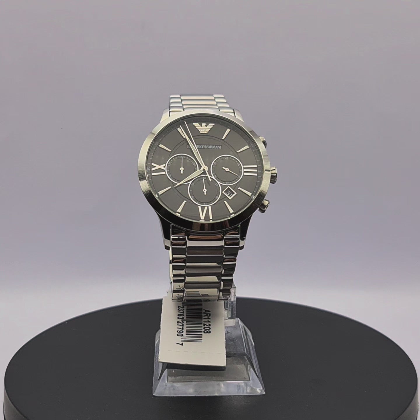 360-degree rotating view of Emporio Armani AR11208 women's rose gold stainless steel mesh watch with mother of pearl dial.
