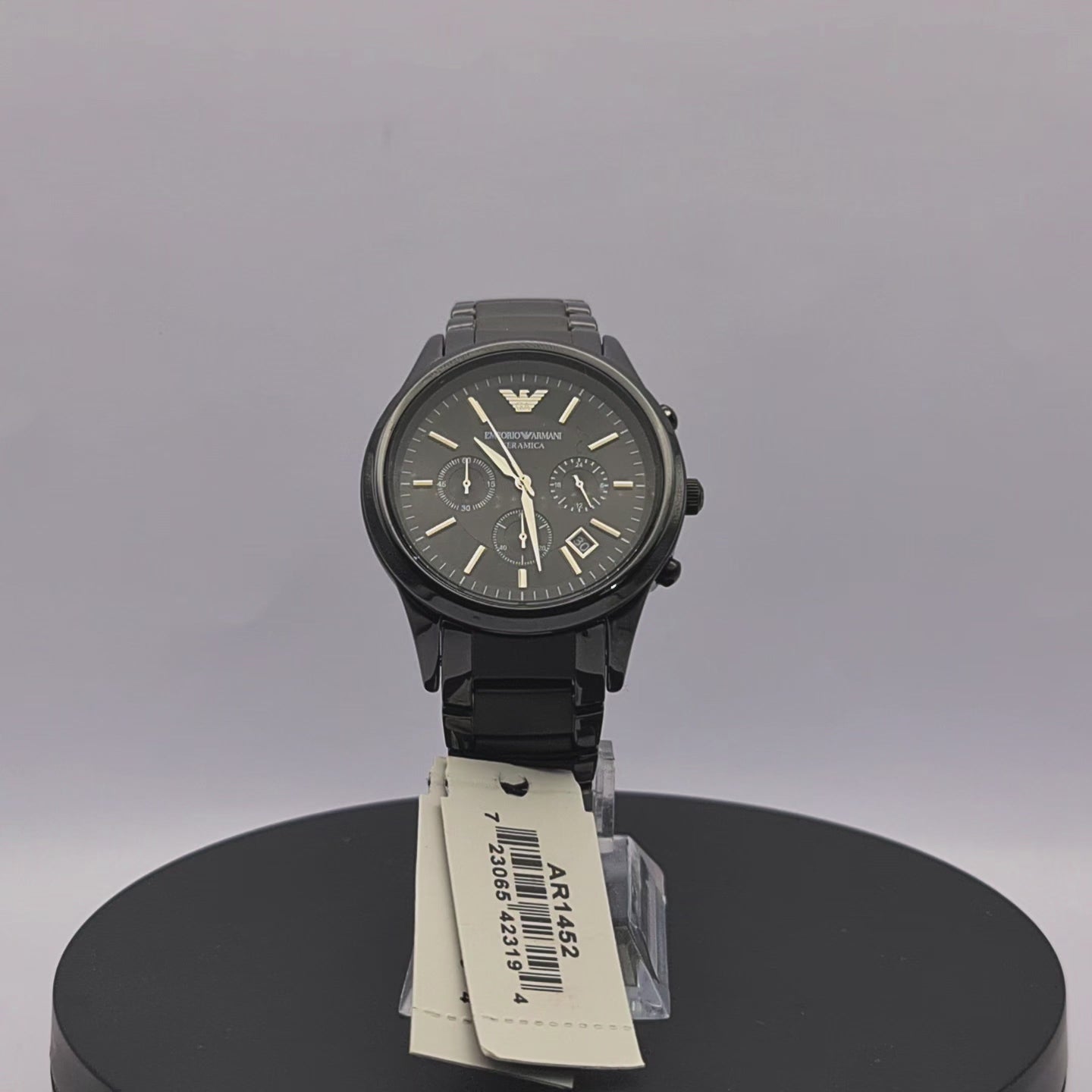 360-degree rotating view of Emporio Armani AR1452 men's black ceramic chronograph watch with black dial.