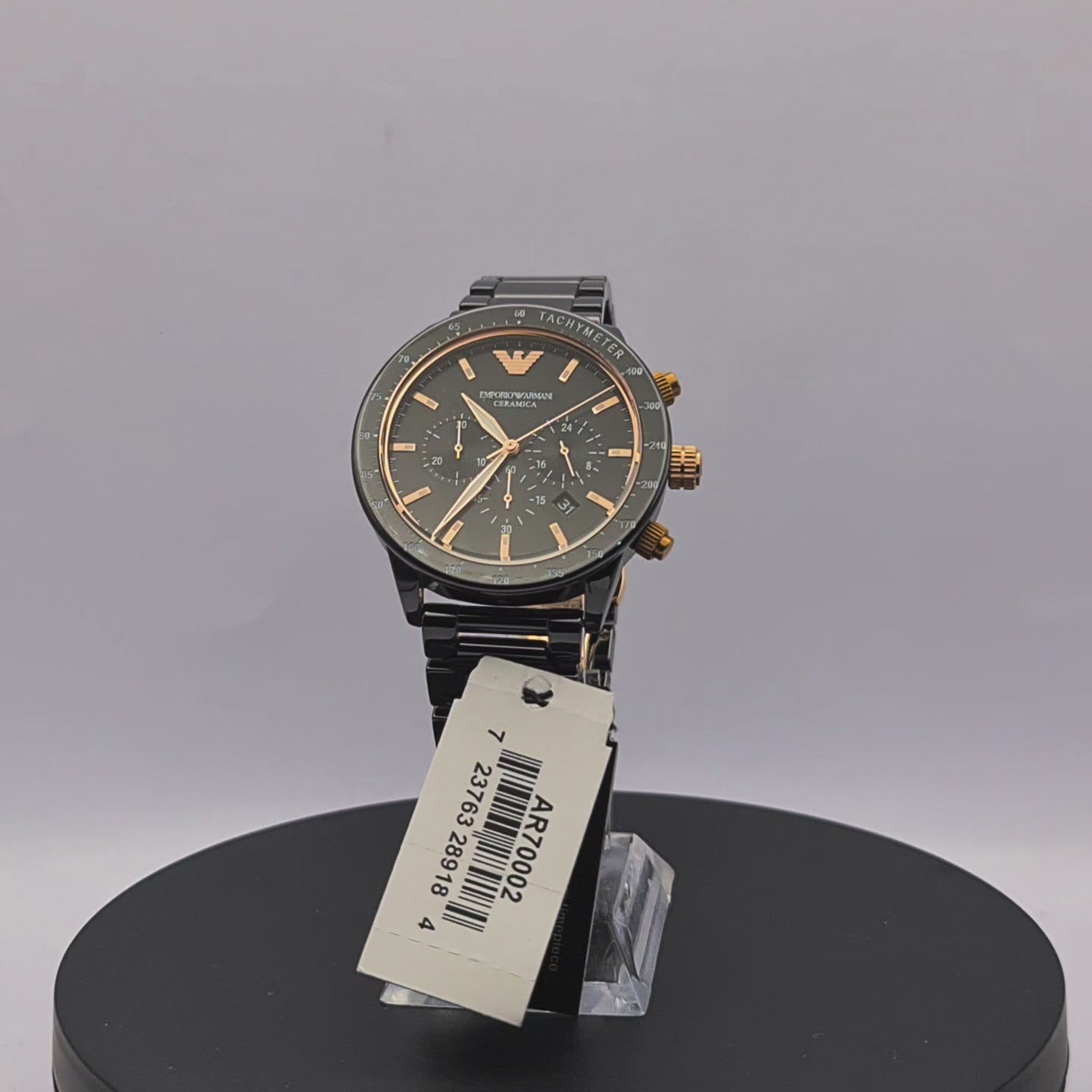 360-degree rotating view of Emporio Armani AR70002 men's black ceramic chronograph watch with rose gold details.