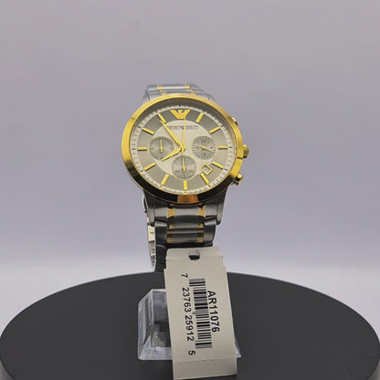 360-degree rotating view of Emporio Armani AR11076 men's two-tone silver and gold stainless steel chronograph watch with silver dial.