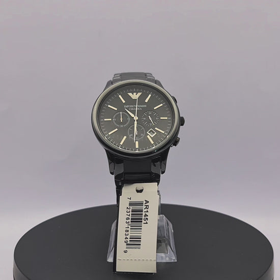360-degree rotating view of Emporio Armani AR1451 men's black ceramic chronograph watch with black dial.