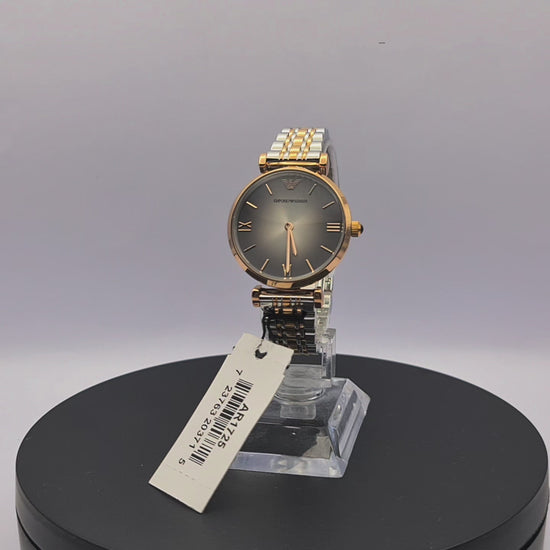 360-degree rotating view of Emporio Armani AR1725 women's two-tone stainless steel watch with grey dial.