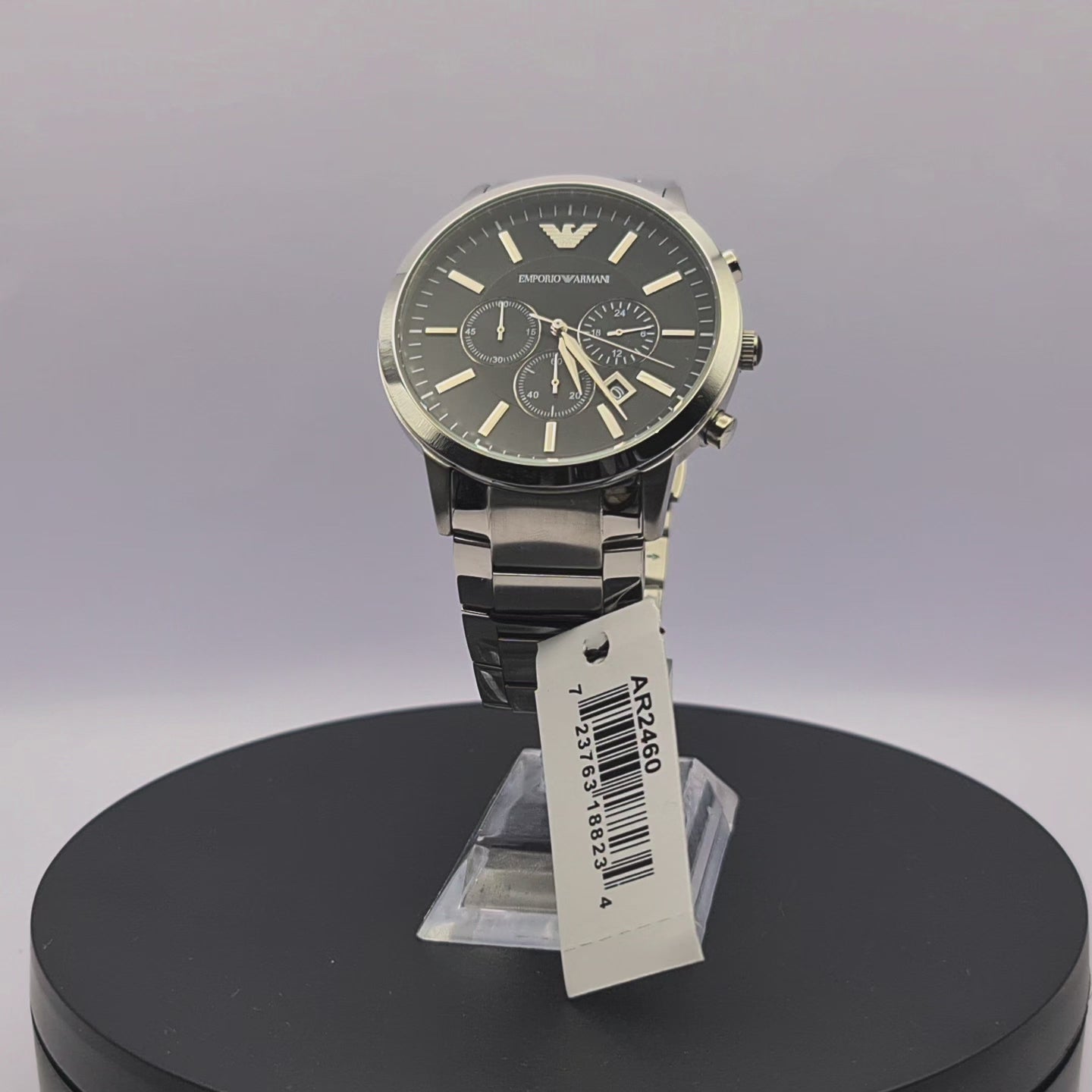 360-degree rotating view of Emporio Armani AR2460 men's silver stainless steel chronograph watch with black dial.