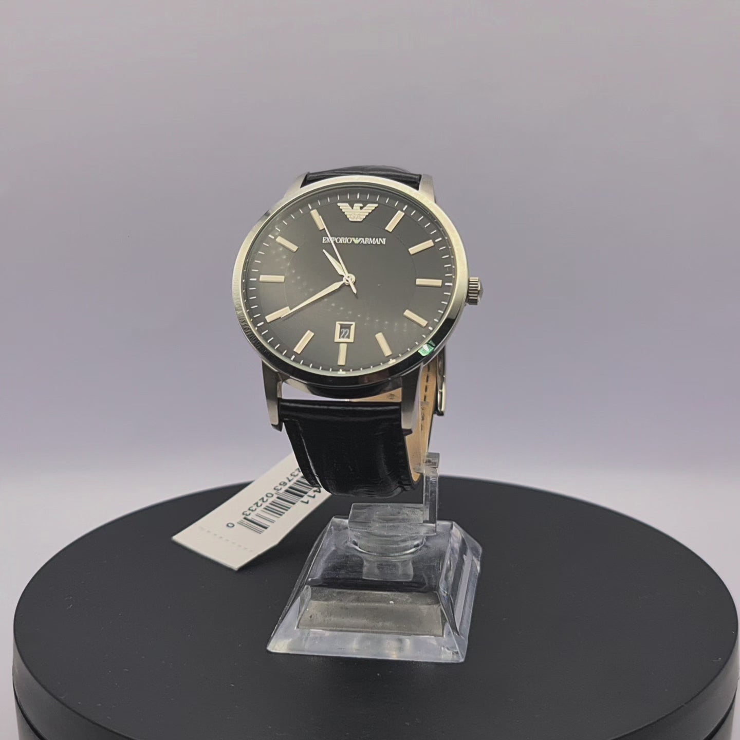 360-degree rotating view of Emporio Armani AR2411 men's silver stainless steel watch with black dial and black leather strap.