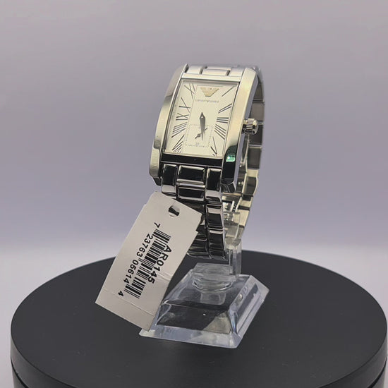 360-degree rotating view of Emporio Armani AR0145 men's silver stainless steel watch with white dial and rectangular case.