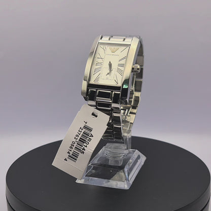 360-degree rotating view of Emporio Armani AR0145 men's silver stainless steel watch with white dial and rectangular case.