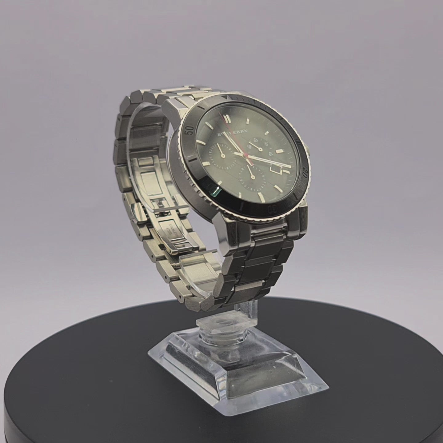 360-degree rotating view of Burberry BU9380 The City Chronograph men's watch in stainless steel.