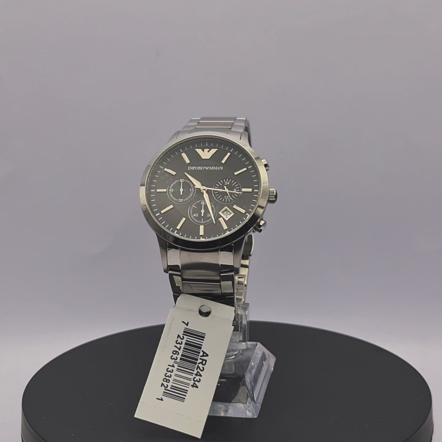 360-degree rotating view of Emporio Armani AR2434 men's silver stainless steel chronograph watch with black dial.