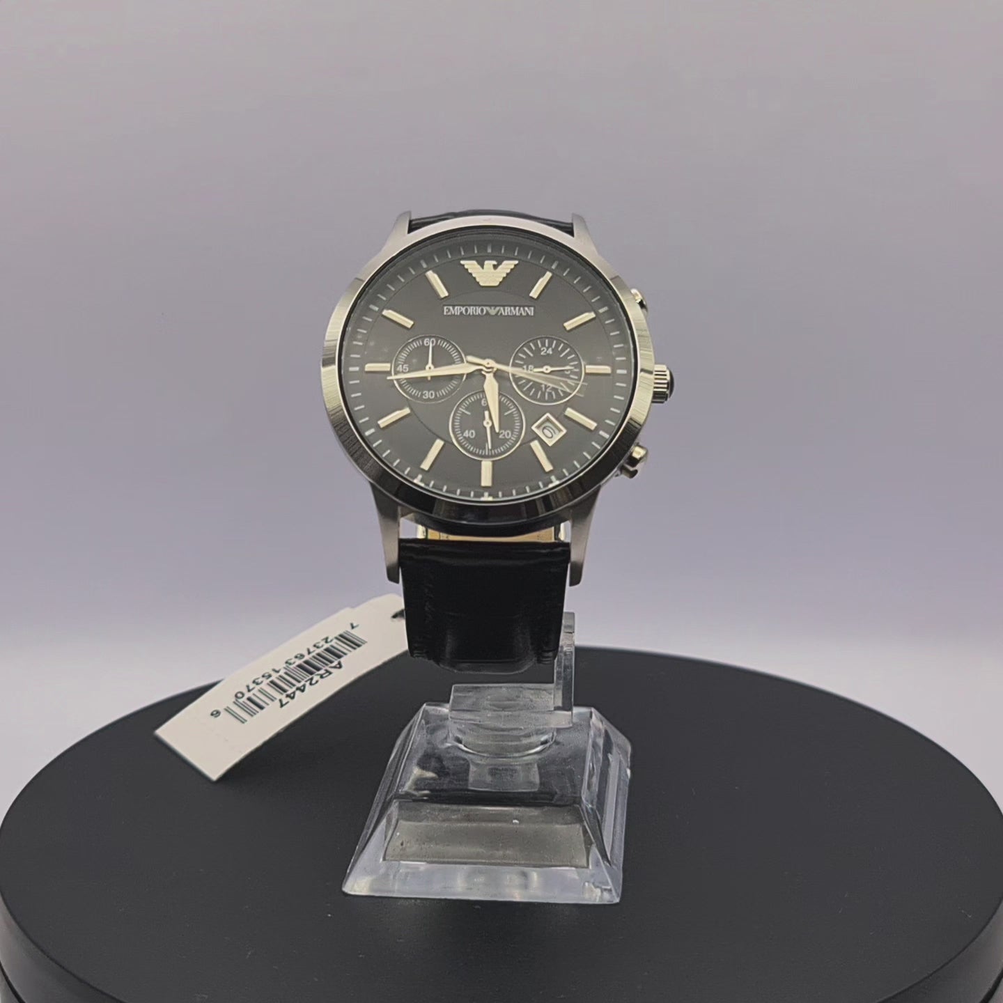 360-degree rotating view of Emporio Armani AR2447 men's silver stainless steel chronograph watch with black dial and black leather strap.