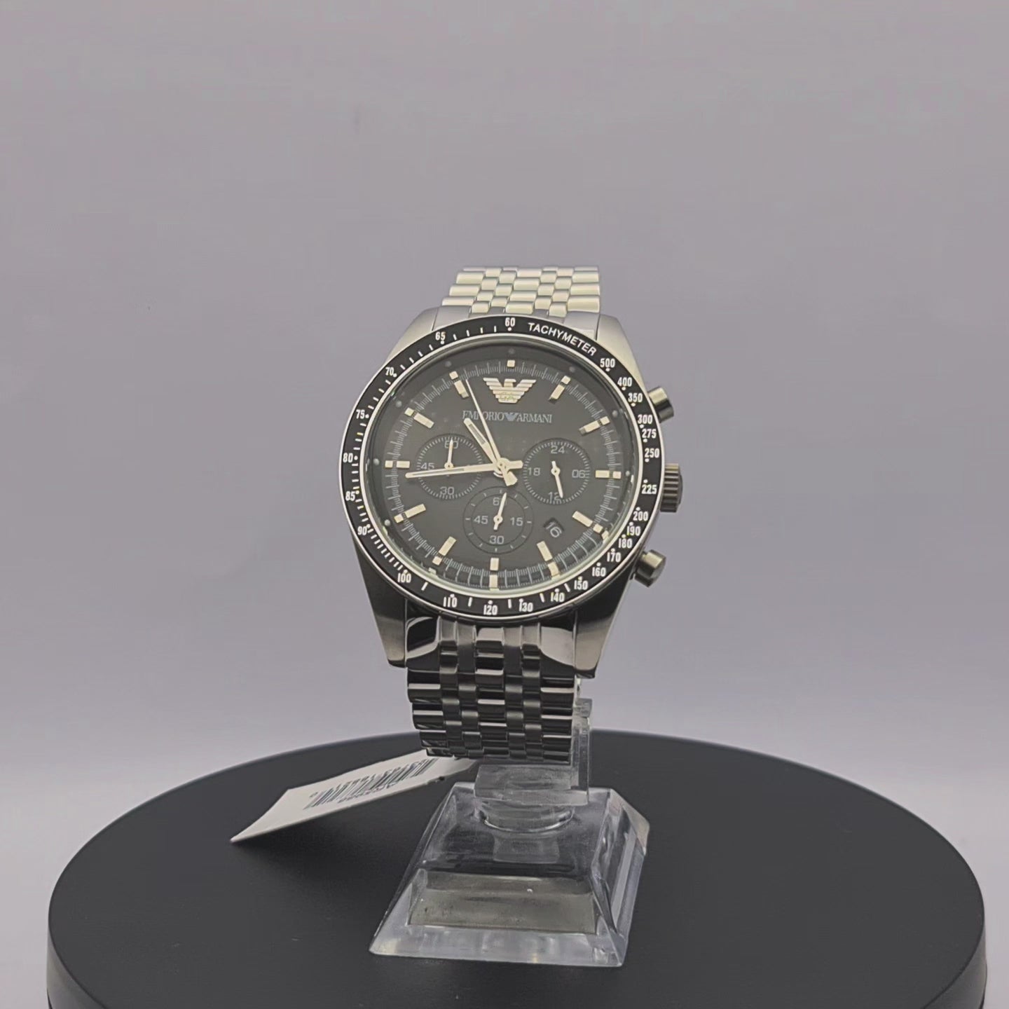 360-degree rotating view of Emporio Armani AR5988 men's black stainless steel chronograph watch with black dial and silver details.