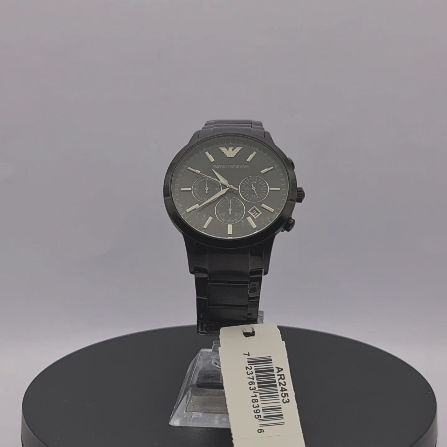 360-degree rotating view of Emporio Armani AR2453 men's black stainless steel chronograph watch with black dial.