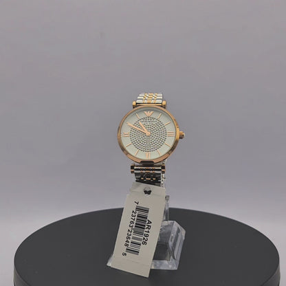 360-degree rotating view of Emporio Armani AR1926 women's two-tone stainless steel watch with white dial and crystal pavé center.