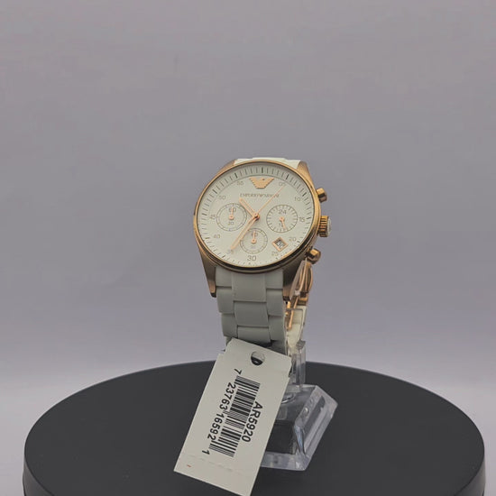 360-degree rotating view of Emporio Armani AR5920 women's rose gold and white chronograph watch with white silicone strap.