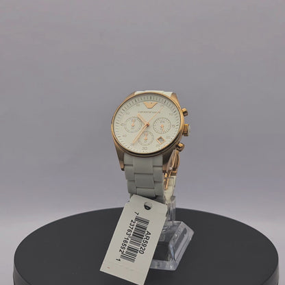 360-degree rotating view of Emporio Armani AR5920 women's rose gold and white chronograph watch with white silicone strap.