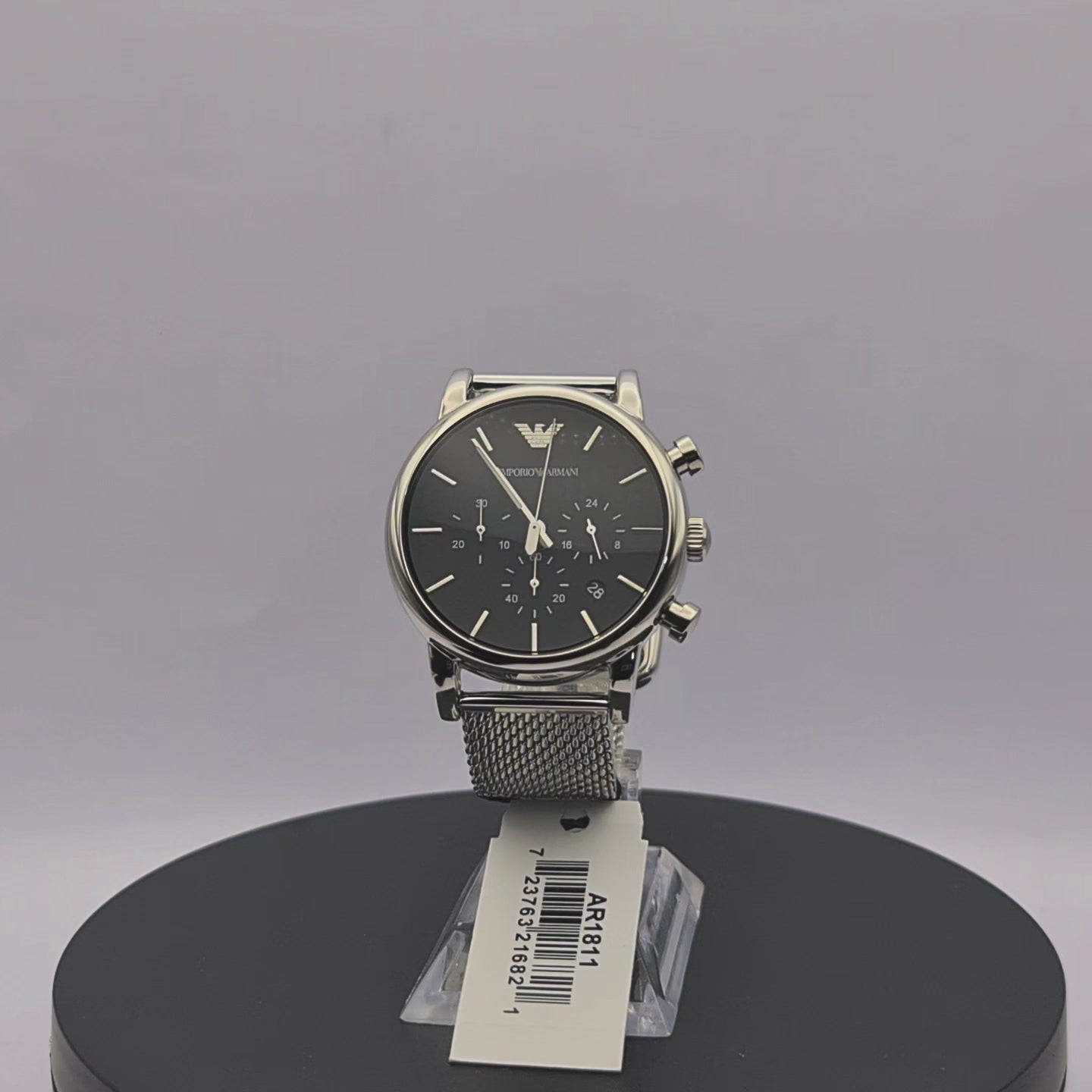 360-degree rotating view of Emporio Armani AR1811 men's silver stainless steel chronograph watch with black dial and mesh bracelet.