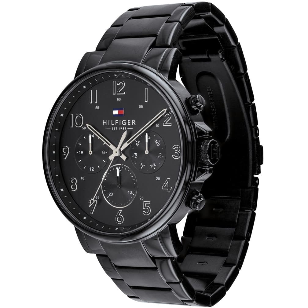 Angled view of the Tommy Hilfiger Daniel 1710383 showing the polished black ion-plated stainless steel case and side profile.