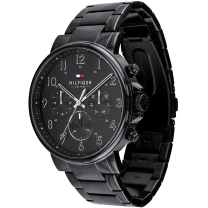 Angled view of the Tommy Hilfiger Daniel 1710383 showing the polished black ion-plated stainless steel case and side profile.