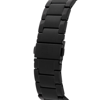 Detail of the black ion-plated stainless steel link bracelet on the Tommy Hilfiger Daniel men’s watch.