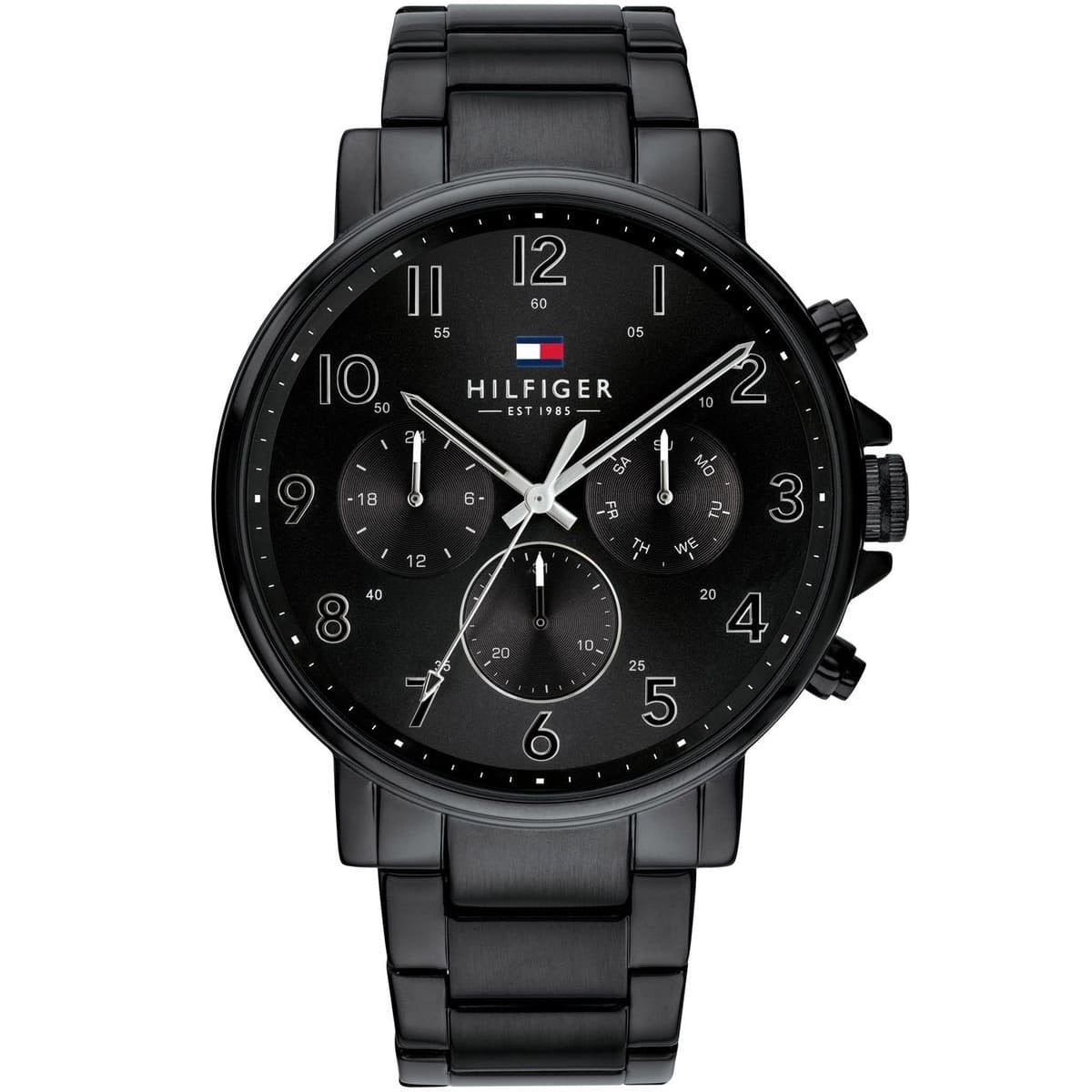 Close-up of Tommy Hilfiger 1710383 Daniel men's watch featuring a black sunray dial with multi-function sub-eyes and silver-tone markers.