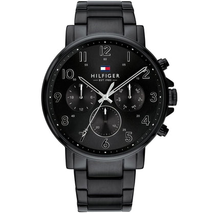Close-up of Tommy Hilfiger 1710383 Daniel men's watch featuring a black sunray dial with multi-function sub-eyes and silver-tone markers.