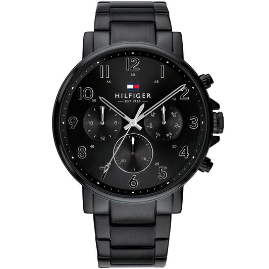 Close-up of Tommy Hilfiger 1710383 Daniel men's watch featuring a black sunray dial with multi-function sub-eyes and silver-tone markers.