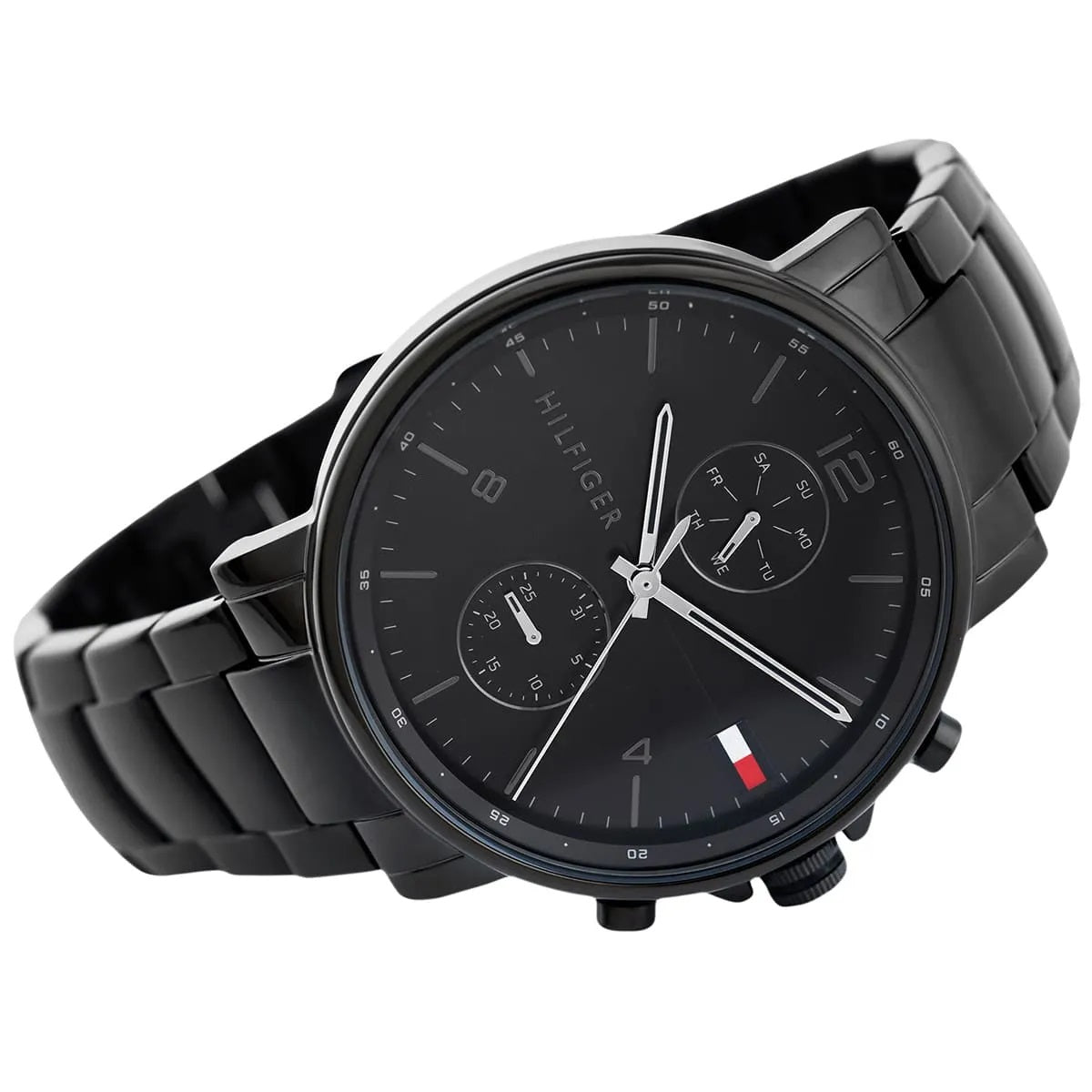 Tommy Hilfiger 1710414 all-black watch displayed at an angle, highlighting the metallic finish and clean dial design.