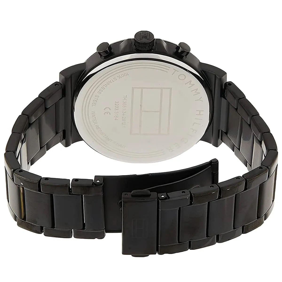 Rear view of the Tommy Hilfiger 1710414 showing the black stainless steel link bracelet with a closed deployment clasp and silver-tone case back.