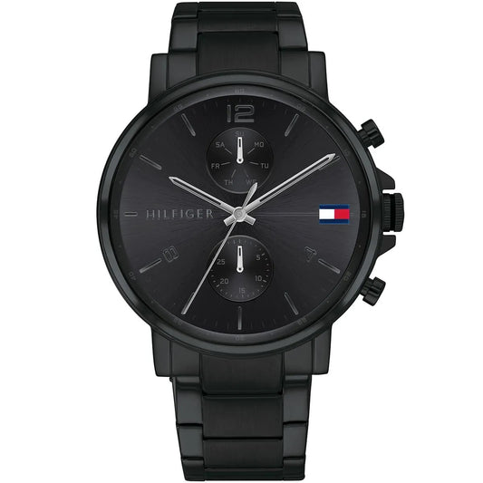 Front view of the Tommy Hilfiger 1710414 Daniel men's watch in all-black stainless steel featuring a sunray black dial and iconic flag logo.