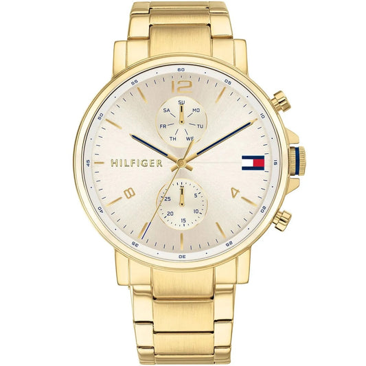 Front view of the Tommy Hilfiger 1710415 Daniel men's watch in all-gold stainless steel with a sunray gold dial and multi-function sub-dials.