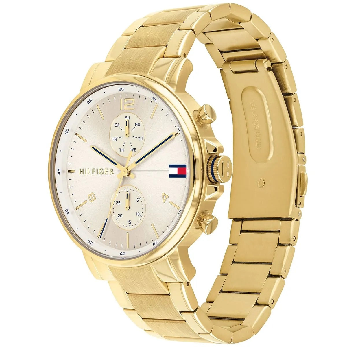 Angled full view of the Tommy Hilfiger 1710415 highlighting the polished gold-tone stainless steel link bracelet and case.