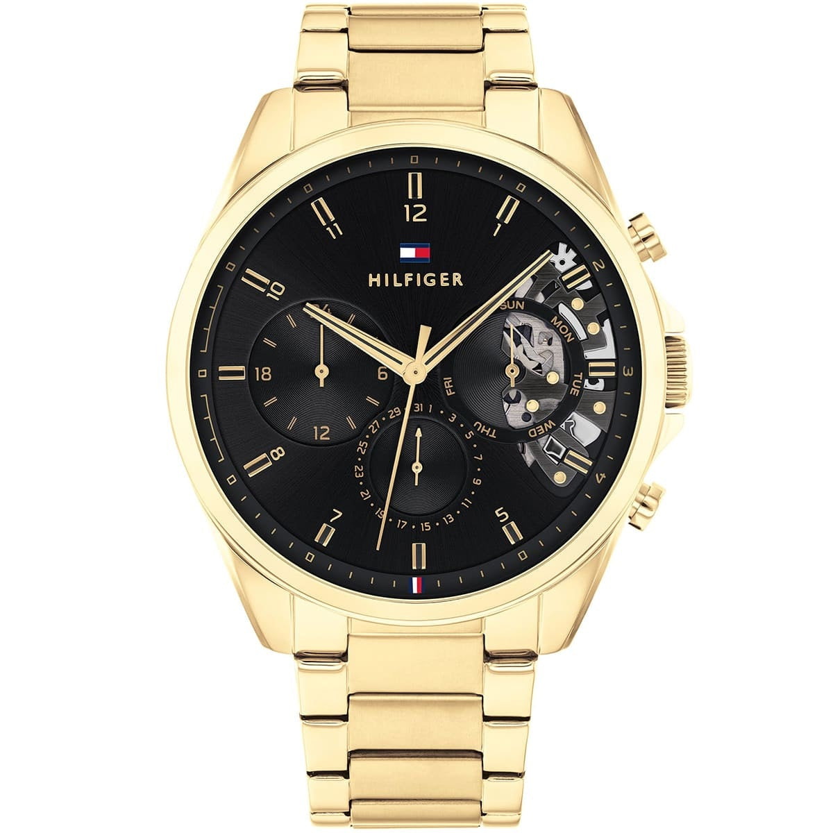 Front view of Tommy Hilfiger 1710447 Baker men's watch featuring a sunray gold dial, sleek stick markers, and the iconic flag logo at 12 o'clock.
