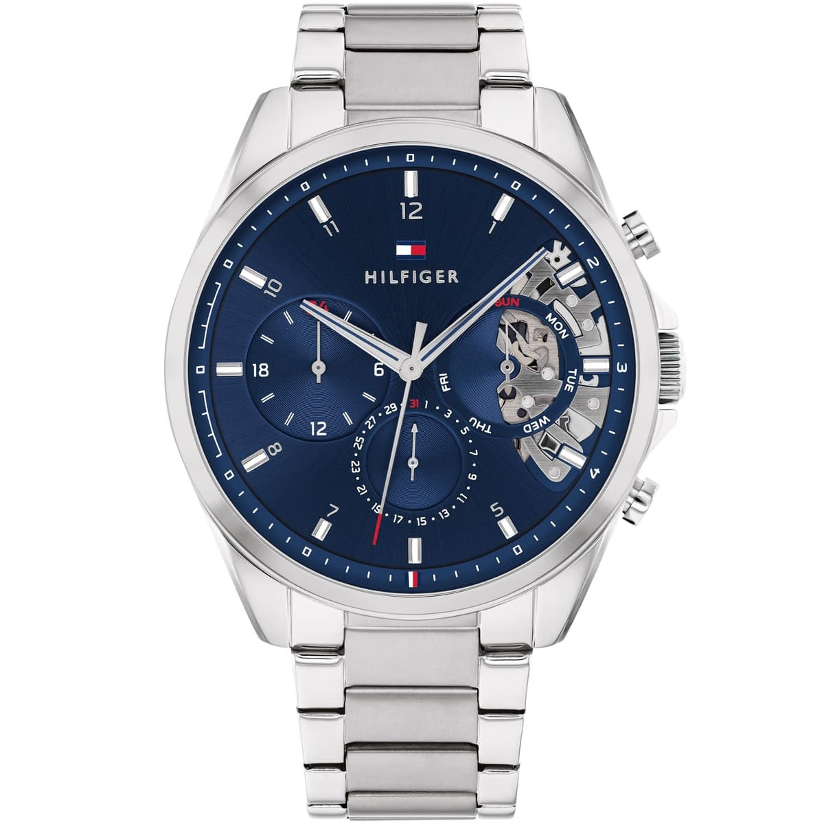 Front view of Tommy Hilfiger 1710448 Baker watch featuring a sunray silver dial, minimal markers, and iconic red, white, and blue logo.