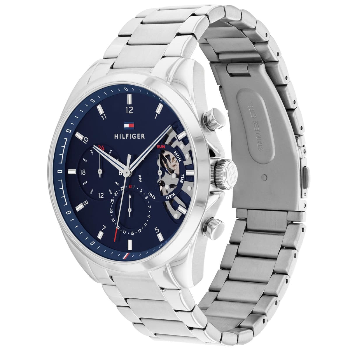 Side profile view of the Tommy Hilfiger 1710448 Baker showing the ultra-slim stainless steel case and polished crown.