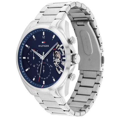 Side profile view of the Tommy Hilfiger 1710448 Baker showing the ultra-slim stainless steel case and polished crown.