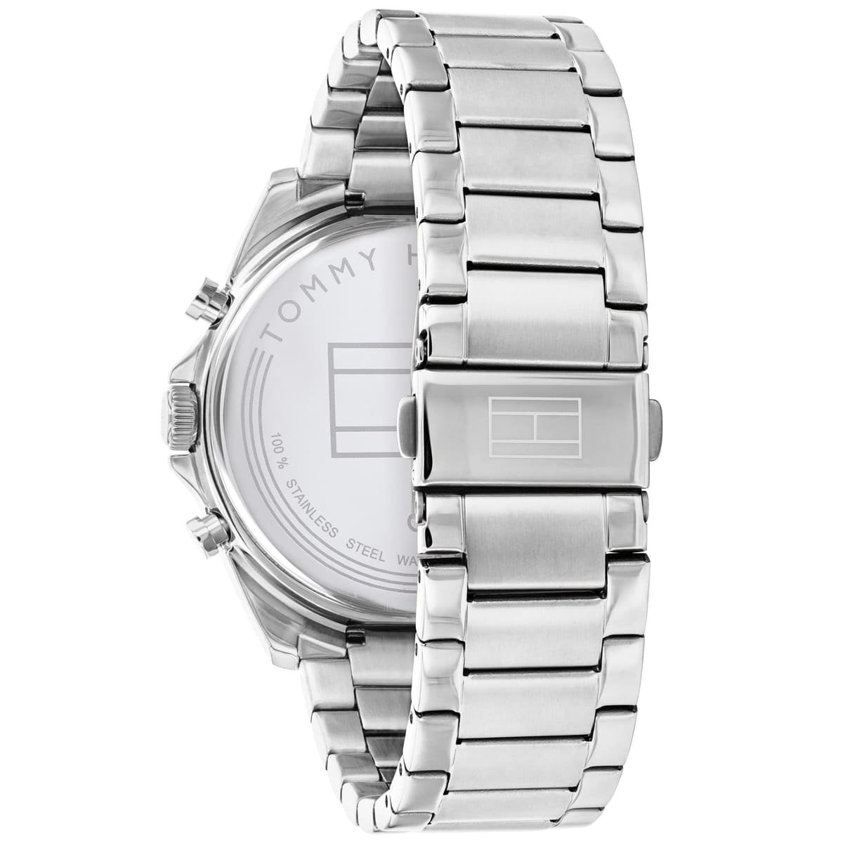 Stainless steel case back of Tommy Hilfiger 1710448 Baker watch with engraved brand insignia and water resistance details.