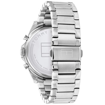 Stainless steel case back of Tommy Hilfiger 1710448 Baker watch with engraved brand insignia and water resistance details.