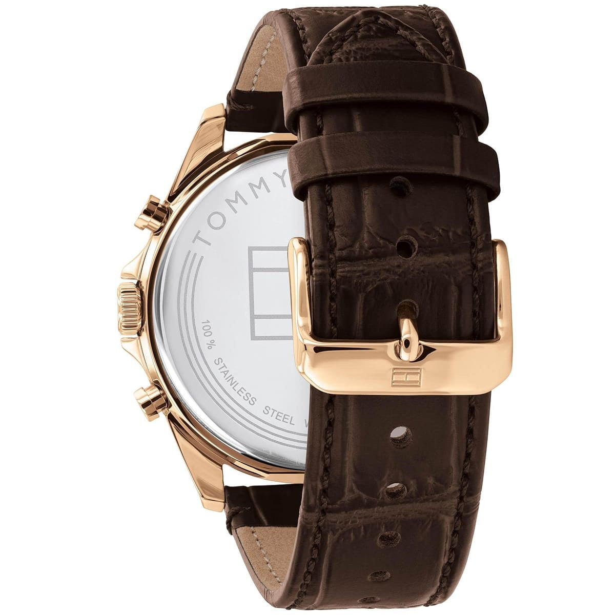 Rear view of the Tommy Hilfiger 1710453 highlighting the brown croc-effect leather strap and the gold-tone stainless steel tang buckle.