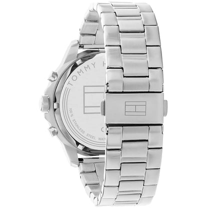 Rear view of the Tommy Hilfiger 1710477 watch showing the brushed stainless steel case back and the multi-link bracelet with butterfly clasp.