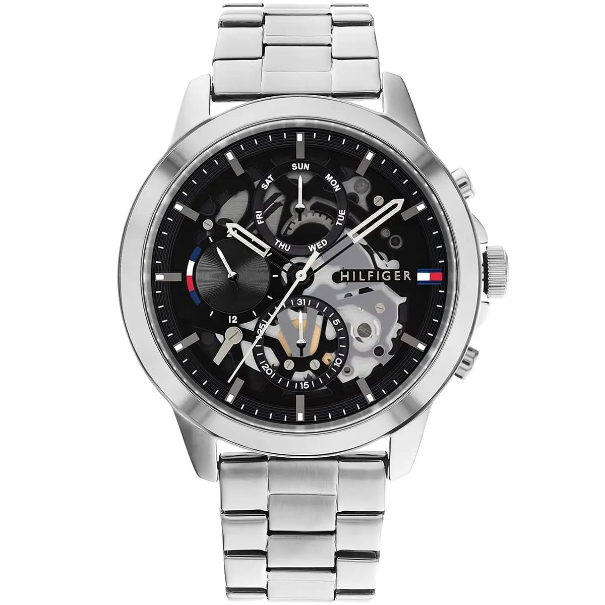 Front view of Tommy Hilfiger 1710477 Henry watch featuring a black skeleton dial, silver-tone case, and three multifunction sub-dials.