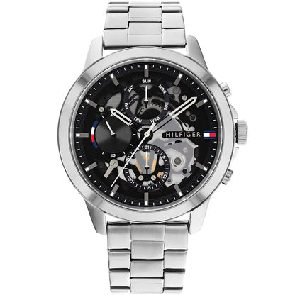 Front view of Tommy Hilfiger 1710477 Henry watch featuring a black skeleton dial, silver-tone case, and three multifunction sub-dials.