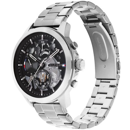 Side view of the 44mm silver-tone stainless steel case of the Tommy Hilfiger Henry 1710477, showing the polished bezel and crown.