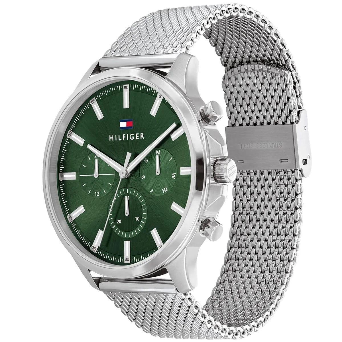 Angled view of the Tommy Hilfiger Ryder watch showcasing the polished silver-tone case and intricate stainless steel mesh strap.